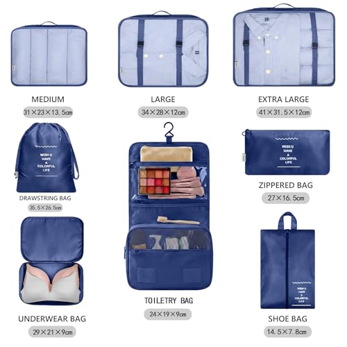 Image of MURISE Packing Cubes for Travel, 8 Pcs Suitcase Organiser Bags for Travel Essentials, Durable Luggage Organiser Set, Packing Organisers, Suitcase Organiser System for Men /Women, Darl Blue