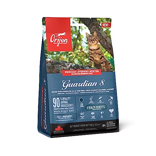 Orijen Guardian 8 | 340 g | Trockenfutter für ausgewachsene Katzen | 90% tierische Zutaten | Mit frischem oder rohem Geflügel- und Fischzutaten