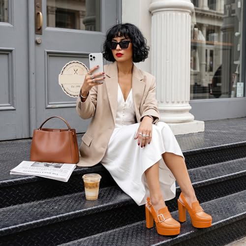 Image of Women's High Heel Loafers Platform Pumps Round Toe Heels Chunky Heel Pumps Stylish Comfortable 4.8 Inch Slingback Heels