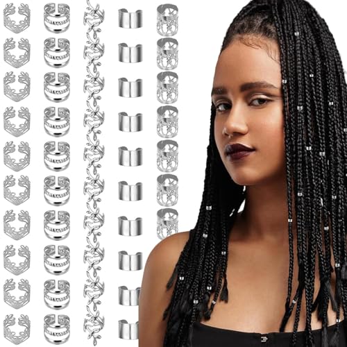 50 Pcs Silver Jewelry for Braids, Dreadlock Beads Locs Accessories, Metal Hair Cuffs Rings Clips, Adjustable Cuffs Braiding Hair Rings for Women Men Dreadlock Accessory Jewelry Decorations