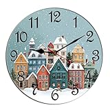 Horienteeon Reloj de pared de Navidad, casa de campo, escena de invierno, Navidad, vacaciones, madera, para cocina, baño, silencioso, sin tictac, reloj decorativo, funciona con pilas, decoración para