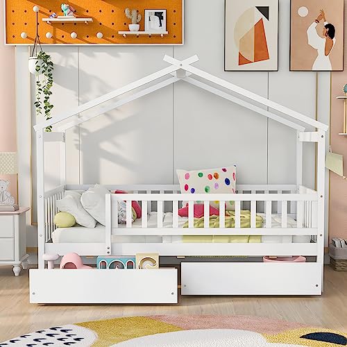 Merax Twin Size Wooden House Bed with Two Drawers, Wood Bed Frame with Roof and Safety Guardrail for Kids, Teens, Boys or Girls, White by Merax - Image 2