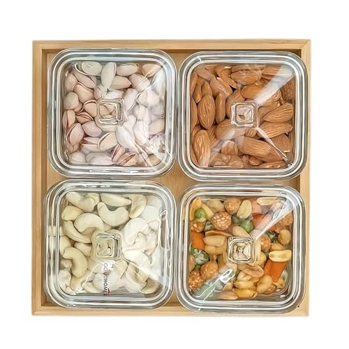 Image of 275ml Glass Serving Bowl Set of 4 with Glass Lids & Bamboo Tray | Snack Serving Bowls for Dry Fruits, Namkeen, Masala, Mukhwas | Transparent Kitchen Storage Containers