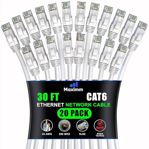 Câble réseau Cat 6 de 9,1 m blanc UTP Maximm en lot de 20 câbles de raccordement LAN