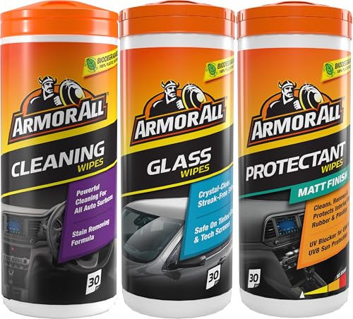 Armor All, Car Interior Cleaning Wipes, Triple Pack for Dashboard, Glass & All Around Interior, 90 Biodegradable Wipes (Set of 3x30 Plastic Free Wipes), Ideal for Car Detailing, Made in the UK
