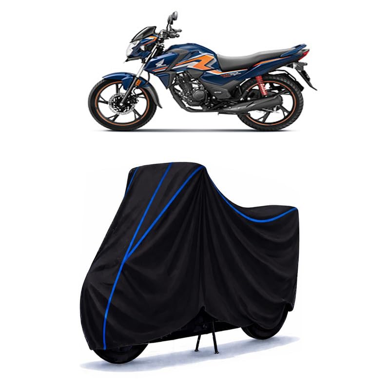 Image of SP 125 Sports Edition Bike Cover Water Resistant Universal Motorcycle Rain | Heavy Duty UV Protection, Dust, Scratch Indoor Outdoor All Weather with Black Blue Piping Elastic