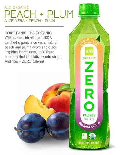 ALO ORGANIC ZERO Aloe Vera Juice, Peach + Plum | 16.9 fl oz, Pack of 12 | Zero Calorie, Aloe Vera Sugar Plant-Based Drink