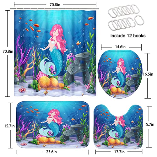 ArtSocket Mermaid Bathroom Set with Shower Curtain and Rugs Accessories, Kids Sea Girl Princess Beauty Shower Curtain for Bathroom Ocean Underwater World Bathroom Decor 4 Pcs