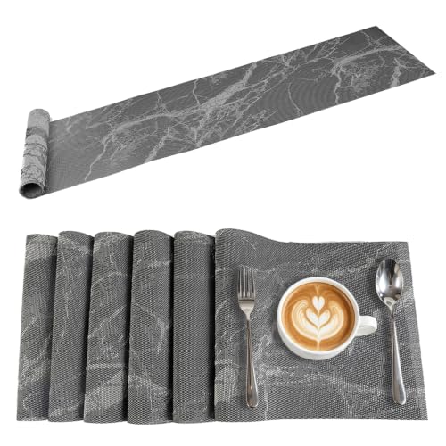 Karlesi PVC Heat Resistant 6 Table Mat Sets + 1Table Tablecloth(Black)