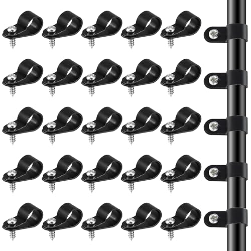 JJUNW 50 Pcs 1/2 Inch Outdoor Cable Clips, Plastic Rope Light Clips Black Wire Fence Clips, Extension Cord Wall Clips with Screws for Wire Management(1/2 Inch)