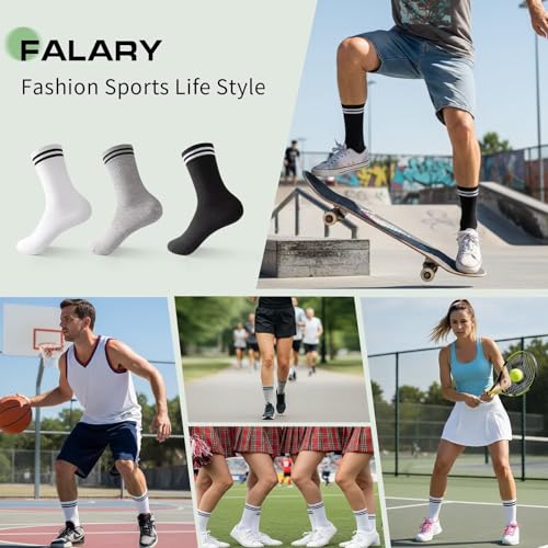 Falary Bamboo Socks Womens 4-7 Ladies White Running Sports Ladies Socks Size 3-5 Striped Crew Length Mid-Calf Fashion For Gym Athletic Tennis Anti Blister Soft Camfortable 6 Pairs - 2