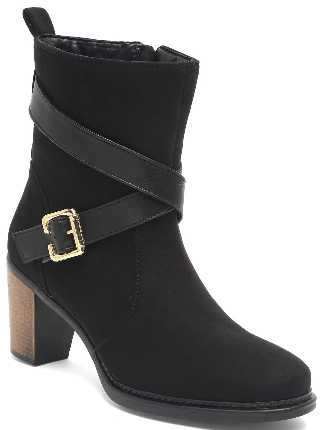 Bruno Manetti women's Black Slipon Zipper with PU Leather Belt Buckle Calf Length Boots