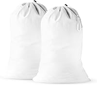 QUBA LINEN 2 Pack Extra Large 24x36 Inch Cotton Laundry Bags - Heavy Duty Drawstring Hamper Liners for Travel, Camp, Dorm & Home (White)