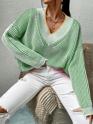 Image of Cakulo Womens Fall 2025 Oversized Striped V Neck Sweaters Long Sleeve Knit Color Block Trendy Pullover Sweater Top