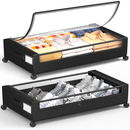 Under Bed Storage With Wheels, 2 Pack Square Containers, 60L Bins, Rolling Metal Drawer for Clothes, Blankets, Shoes