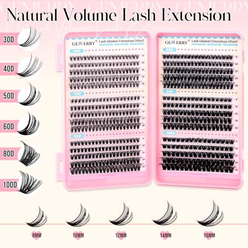GEMERRY Wimpern Extensions 30D+40D+50D+60D+80D+100D D Curl Wimperncluster Individuelle Wimpern Extensions Wimpernverlängerung Volume DIY zu Hause (8-16mm Mix)