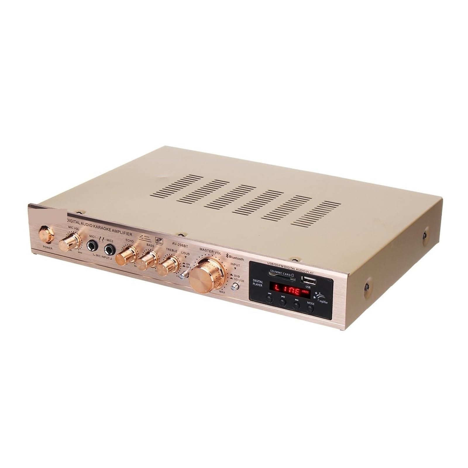 Wzmacniacz audio, Wzmacniacz domowy Cyfrowy Auto AV HiFi Klasa wzmacniaczy mocy Dźwięk stereo Odtwarzacz radia FM Procesor do domowego majsterkowania(Gold)