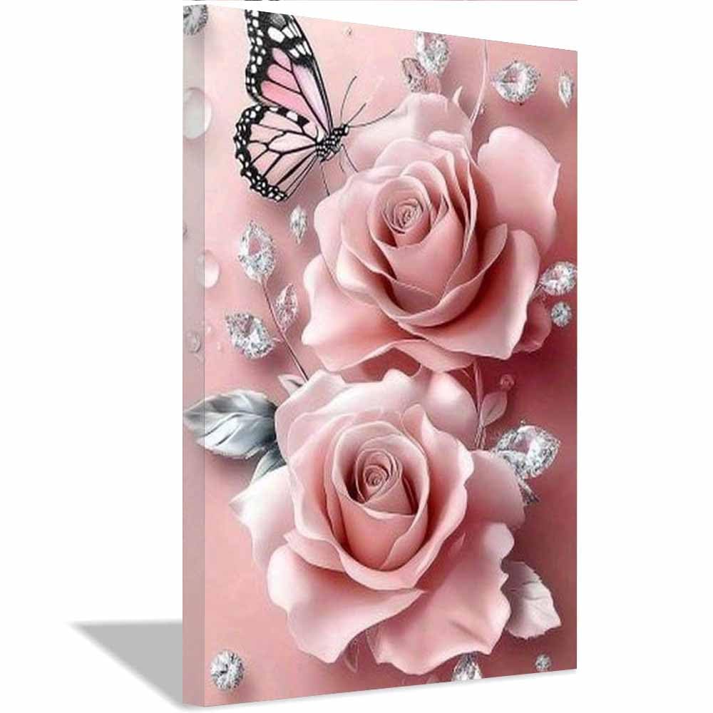 Qusaaou Lotus Root Pink Canvas Home Decor Wall Art Glam Pink Roses With Butterfly & Diamond Landscape Poster Images Suitable For Living Room Bedroom And Kitchen Wall Decorations(Lotus Root Pink)-30X45cm1 Framed