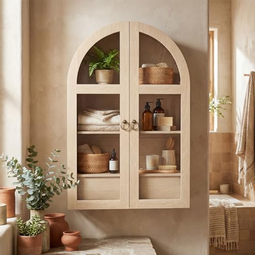 AIUUCS Medicine Cabinet with Tempered Glass Door, Arched Bathroom Wall Cabinet with Adjustable Shelf, for Kitchen, Living Room, Entryway, Laundry Room, Apartment, Office, Small Space, Oak