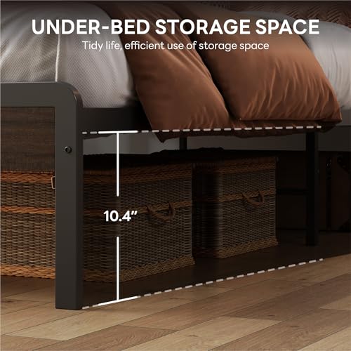 Image of LIKIMIO Queen Bed Frame with Headboard, Dark Wood Camas Queen with Strong Supports, Sturdy, Noise-Free, No Box Spring Needed, Dark Brown