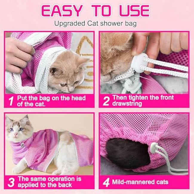 FANOVO Cat Bathing Bag, Anti-Scratch & Anti-Bite Adjustable Mesh Cat Shower Bag with Nail Clipper, Grooming Comb, Bath Brush & Nail File, Breathable Cat Washing Bag for Bathing, Nail Trimming-MIRjIB02