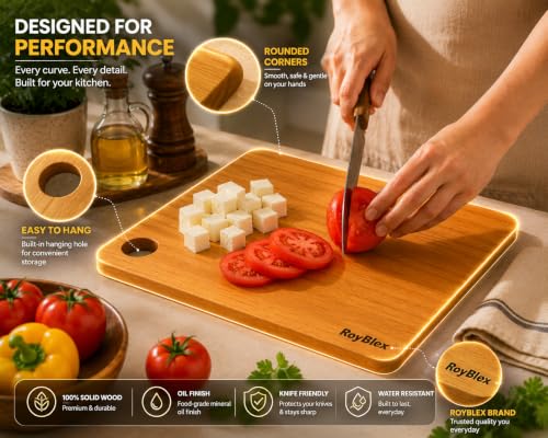 Image of Acacia Solid Wood Cutting Board 20x30 cm | Wooden Chopping Board for Kitchen | Reversible Vegetable, Fruit & Meat Cutting Board | Durable Kitchen Chopping Board (33L x 23W with Hole)