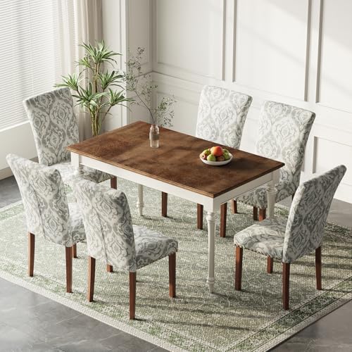 Image of Farmhouse Dining Chairs Set of 6, High Back with Wooden Legs and Nailhead Trim, Modern Fabric Dining Room Chair for Kitchen /Restaurant