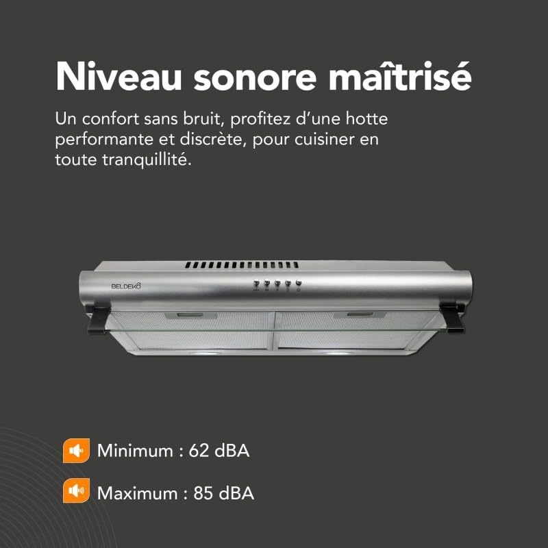 Hotte casquette visière BELDEKO 60 cm – inox – double moteur 200 W – débit 435 m³/h – filtres à charbon inclus – 3 vitesses – éclairage LED – évacuation ou recyclage – marque française