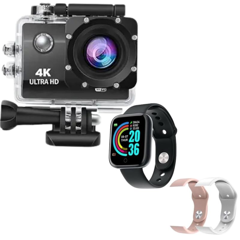 Drumstone Combo Pack of 2 Items- 4K Waterproof Sport Camera,170 Degree Wide Angle WiFi HD Cam, 16MP with D116 SmartWatch with Heart Rate Monitor for Boys/Girls with 2 Color Strap