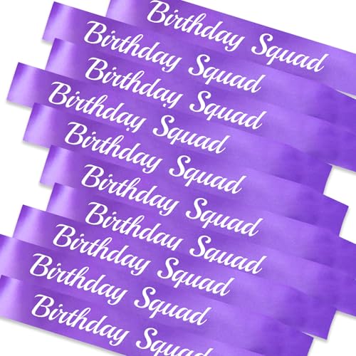COOQNNB 10 Pcs Birthday Squad Sash for Men or boys 16th, 18th 21st 30th 40th 50th 60th or Any Other Bday Party Supplies Decorations (Purple+White)