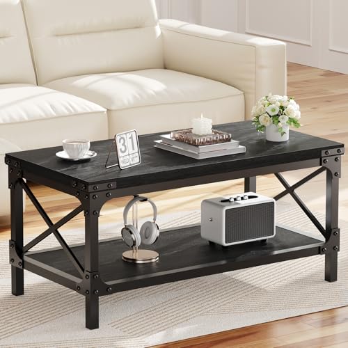 Rectangle Coffee Tables for Living Room, Wood Rectangular Coffee Table, 2 Tier Industrial Modern Center Table with Thickened Tabletop and Metal Frame, 40 inch Long (Black)