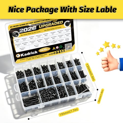 Image of Kadrick 2440PCS M3 Screws Assortment,Hex Socket Cap & Countersunk M3 Screws | M3 Bolts With Nuts,Flat & Lock Washerss, Length From 4-35mm,Class 12.9 & 4.8 Alloy Steel,Black Zinc Plated