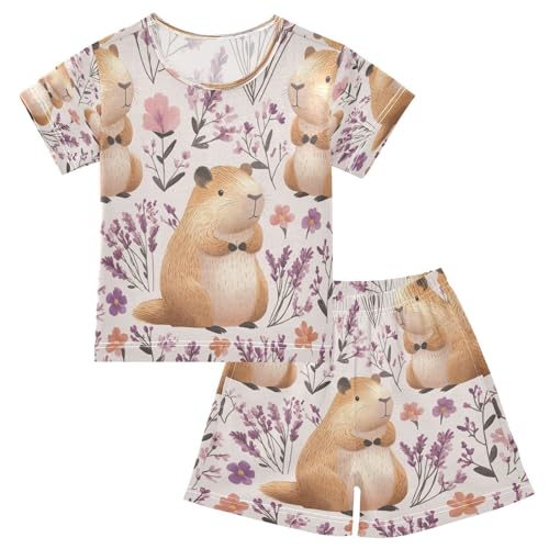 Pajama Sets Short Sleeve Cute Hamster Floral Background Soft Cotton Summer Sleepwear 2 Piece PJS Size 5-14T