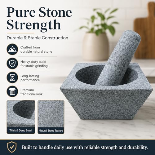 Image of NUTRION Square Granite Mortar and Pestle Set for Kitchen Spice Grinding, Heavy Duty Stone Herb Crusher Bowl for Garlic, Masala, Chutney & Pesto Preparation, Grey Manual Grinder