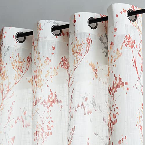 Image of Treatmentex Tree Print Semi-Sheer Curtains 63inch Length White Red Orange Branch Curtain Panels for Living Room Bedroom Linen Textured Look Privacy Semi Sheer Curtains 2pcs Grommet Top