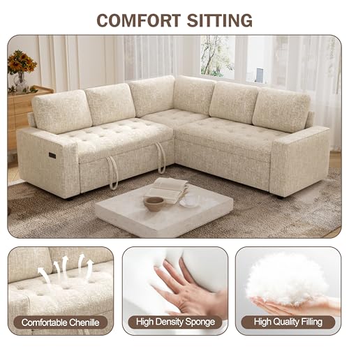 Image of Vipbear 85 Inch Modular Sectional Sofa with Pull Out Bed, Chenille L Shaped Sectional Sofa with USB Ports /Reclining Backrest /Storage Seats, Tool-Free Assembly, Sofa Couch for Living Room Begie