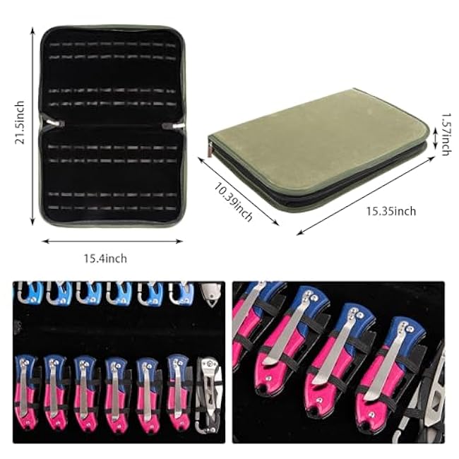 Pocket Knife Storage Case, 40 Slots Waxed Canvas Folding Pocket Knife Display Case, Butterfly Knives Storage Organizer, Mini Folding Knives For Outdoor Survival Tactics Collection (Green+Black)