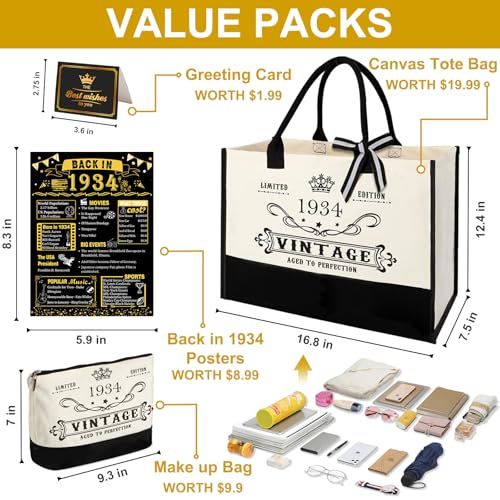 Image of 92nd Birthday Gift for Women-Vintage 1934 Canvas Tote Bag,Makeup Bag,Poster