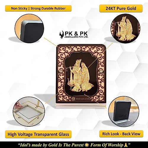 Image of Pk & Pk Jewellers Radha Krishna Ji Table Top | 24KT Gold | Carving Frame | Medium Size (For Premium Gift, Office Desk, Car Dashboard, Table Decoration)