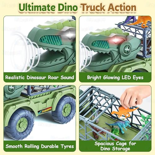Image of Kidology Dinosaur Truck Toy for Kids 3+ Years | Sparks Creativity & Builds Motor Skills | T-Rex Carrier with Roar Sound LED Eyes & Mist Spray | 6 Dino Figures Birthday Gift Boys & Girls
