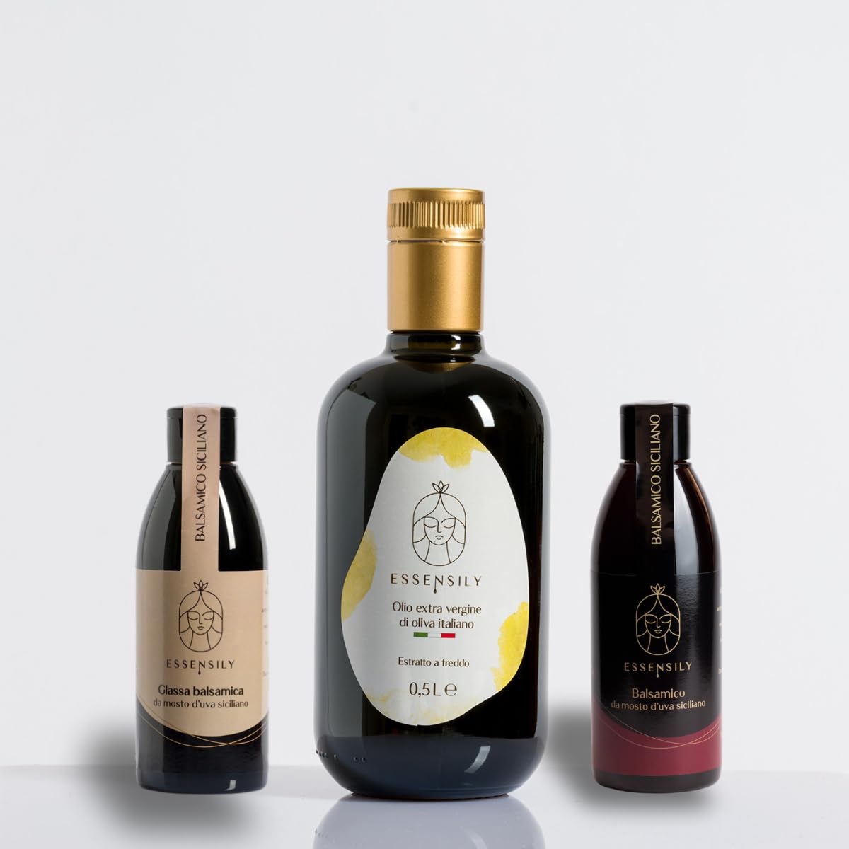 Coffret Gourmet Sicile : Huile d'Olive Extra Vierge Essensily 500ml, Vinaigre Balsamique Sicilien et Crème de Balsamique 200ml – Idée Cadeau Gastronomique – Box Dégustation Made in Sicily