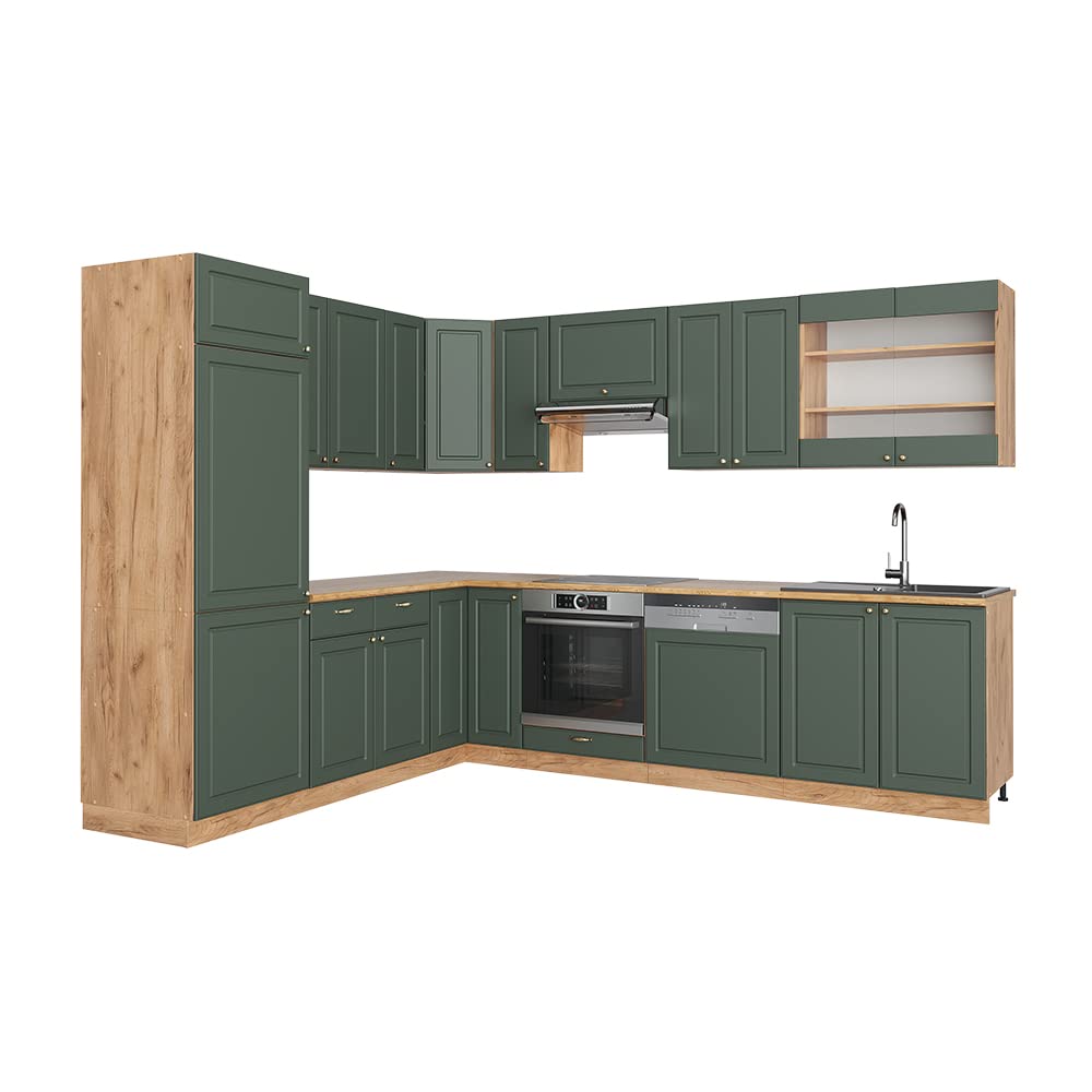 Vicco Cuisine en Angle Fame-Line Vert Or Campagne/Chêne doré 287x227 cm | 14 Modules · Pieds réglables en hauteur · Sans plan de travail · Façades en MDF · Softclose · Poignées en métal