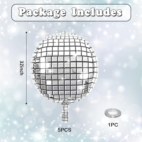 Image of Disco Ball Balloons 32 Inch 5 Pcs 4D Ball Balloons Metallic Silver Disco Mylar Balloon Chrome for Birthday Bachelorette 70s 80s 90s Themed Graduation Retro New Year Eve Prom Party Decorations