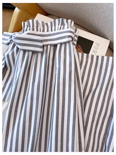 GORGLITTER Women's Striped Wide Leg Pants Flared Paperbag Waist Belted Trousers with Pockets3