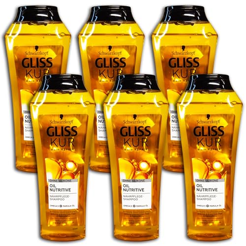 Confezione da 6 shampoo Gliss Oil Nutritive, 6 x 250 ml, cura nutriente intensiva per capelli corposi e danneggiati.