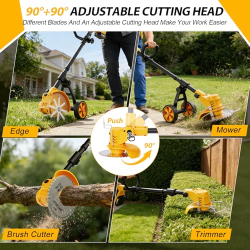 Image of Electric Weed Wacker Cordless, Electric String Trimmer with 3 Types Blades & Removable Auxiliary Wheels, Brush Cutter & Grass Trimmer & Lawn Edger with for Garden Yard (YellowB)