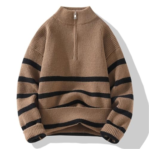 Men's Chic Handsome Zippers Sweater Warm Men Stripe Pattern Stand Collar Size Age Reduction Sweater3