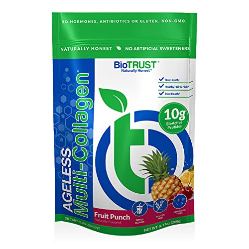BioTrust Ageless Multi Collagen Protein a 5-in-1 Collagen Powder, 5 Collagen Types, Hydrolyzed Collagen Peptides, Grass-Fed Beef, Sustainable Fish, Chicken and Eggshell Membrane (Fruit Punch)