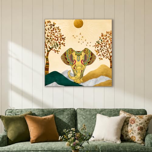 Image of PAINTINGMANTRA istic Elephant Theme Multicolored 1 Stretched Canvas Painting, Outer Size-22x22 Inch