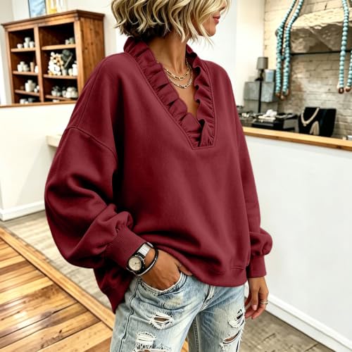 Elneeya Oversized Sweatshirt for Women V Neck Ruffled Retro Fall Sweatshirt - image 5